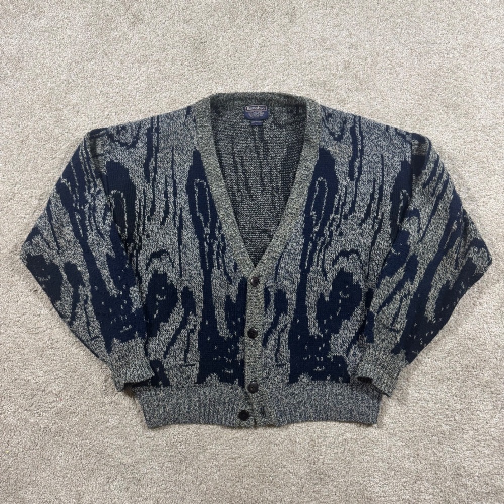 Vintage Barnaby Men Large Abstract Knit Cardigan Sweater Navy Grey Button Front